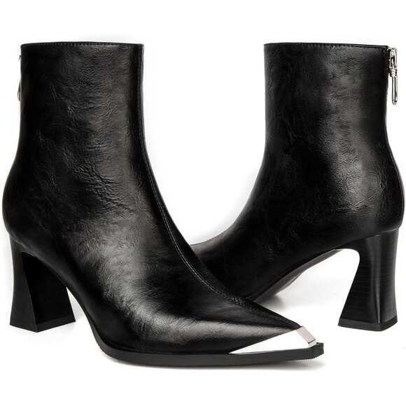 Women Black Metal Leather Side Zipper Chunky Block Heels Comfortable Fall Boots - Picture 6 of 6